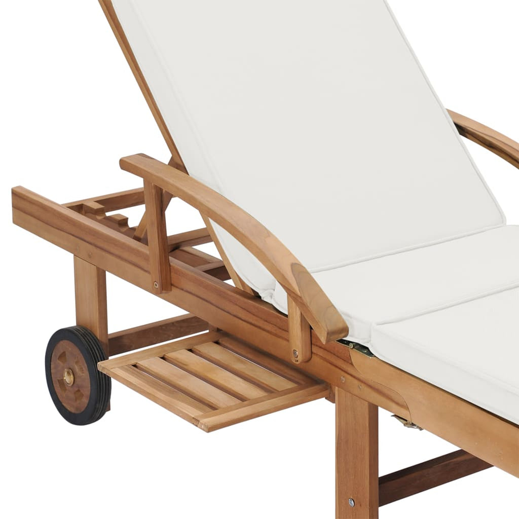 Cream Cushioned Teak Wood Chaise Lounge Chair with Sliding Table and Wheels P78251