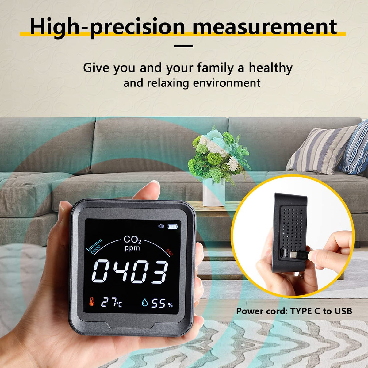 CO2 Monitor with Temperature and Relative Humidity, 400-5000ppm Range U143
