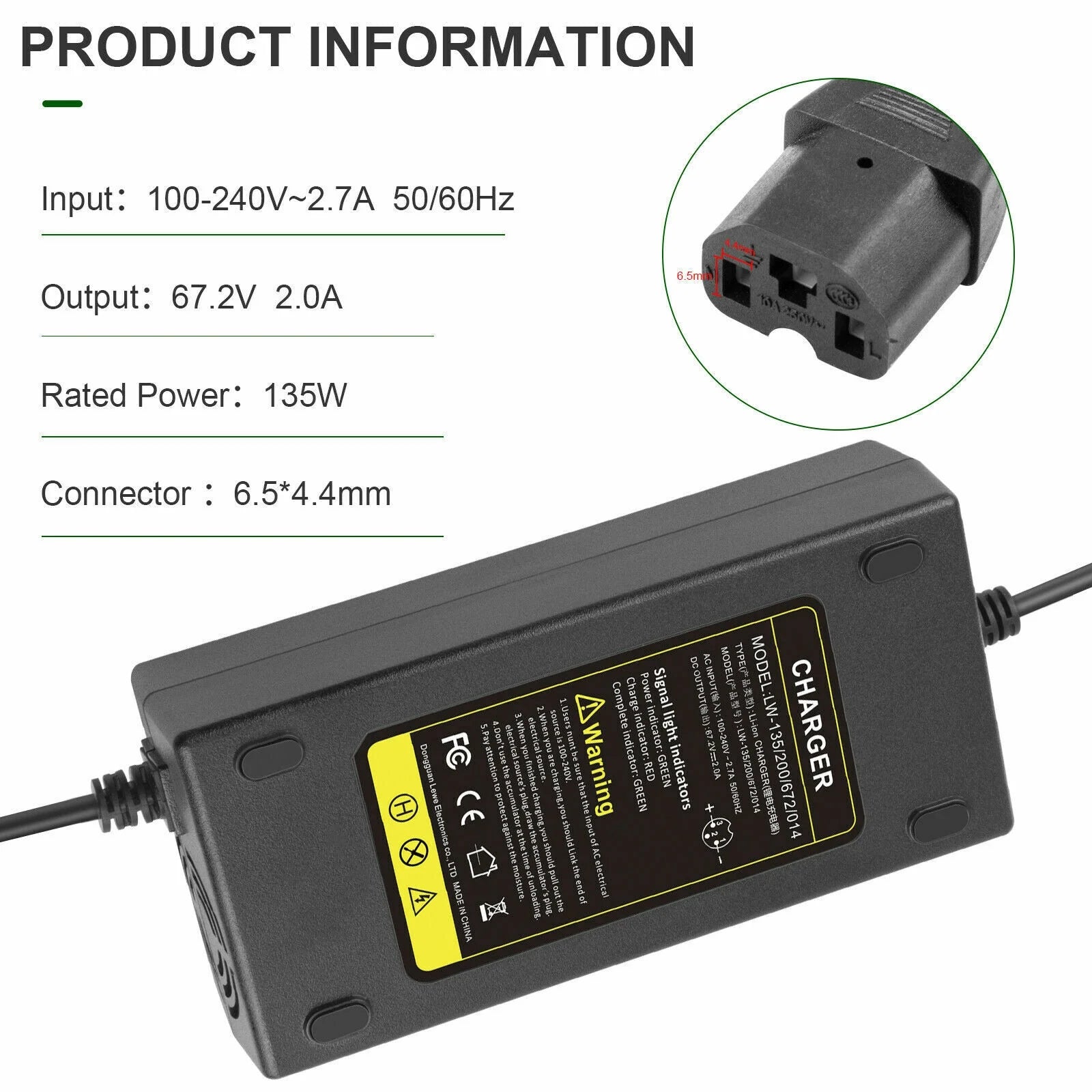 67.2V 2A T Plug Charger for 60V Li-ion Battery Electric Scooter E-bike Bicycle X953751