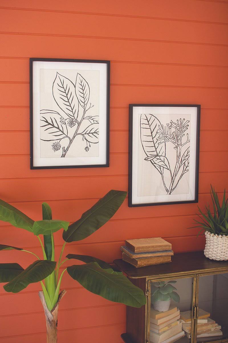 Set of Two Framed Black Leaves Prints Under Glass R168