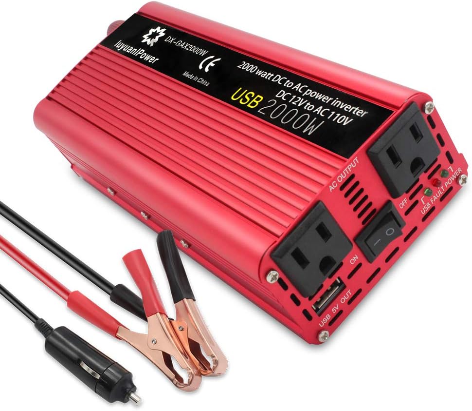 Power Inverter 1200W/2000W Peak DC to AC 12V to 110V with 3.1A USB Battery Clips Pack of 2 I19168