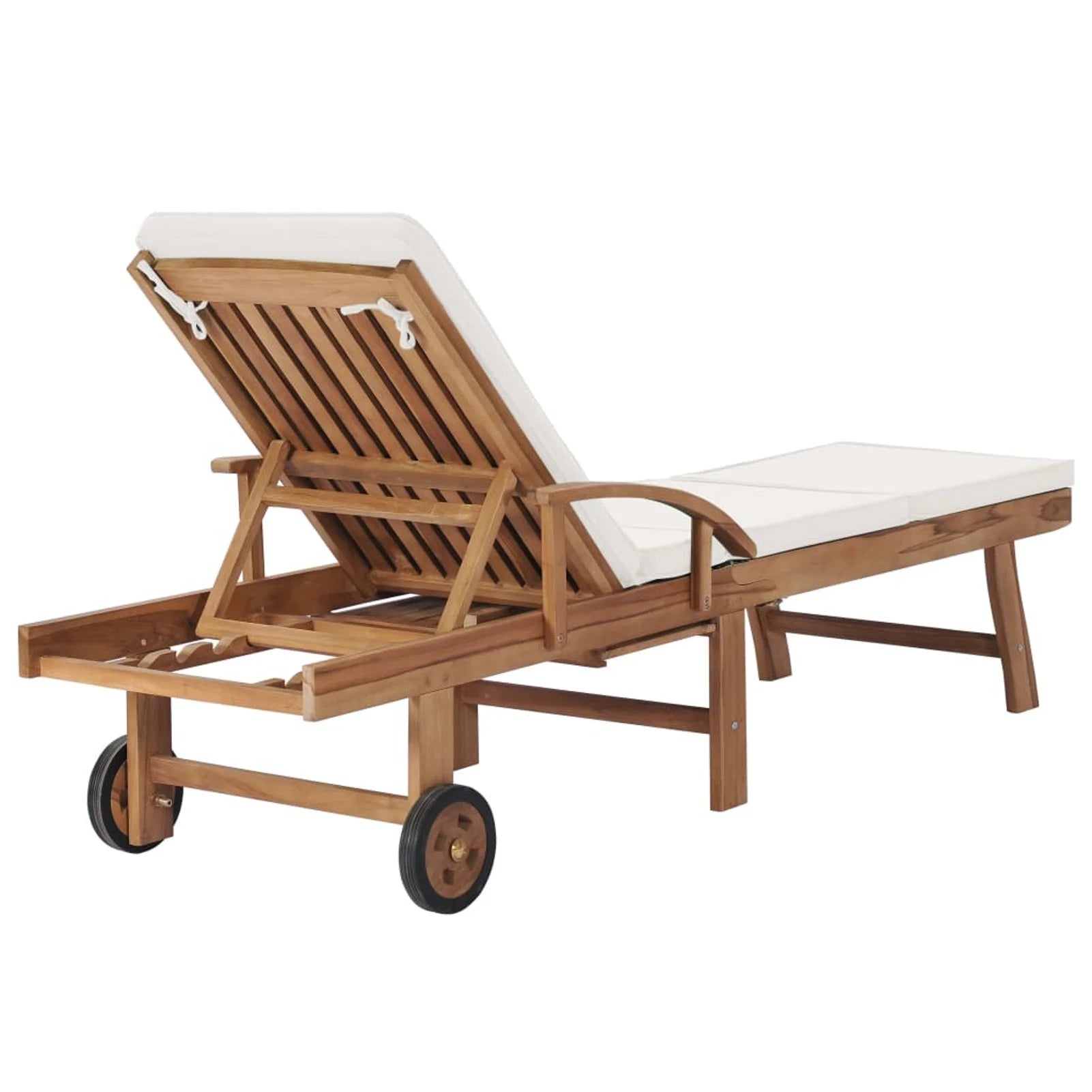 Cream Cushioned Teak Wood Chaise Lounge Chair with Sliding Table and Wheels P78251