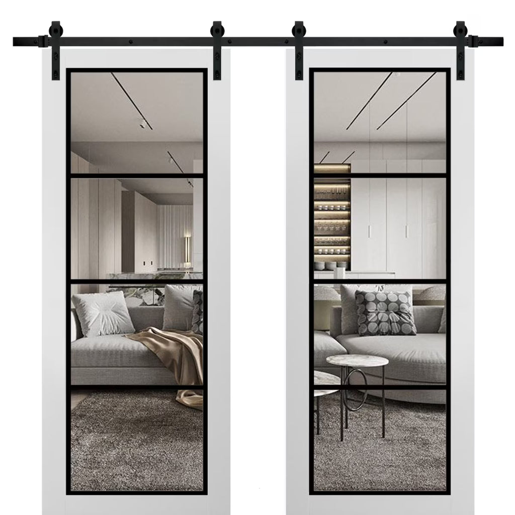 Double Barn Door 36 x 80 inches White Clear Glass Solid Panel Interior Doors S86634