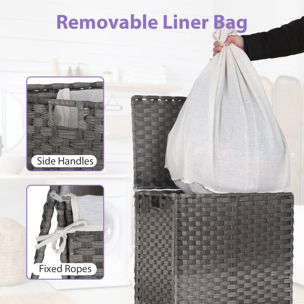 Divided Laundry Hamper 90L/110L Synthetic Rattan Handwoven Double Sorter with Liner Bags Foldable Grey H31760