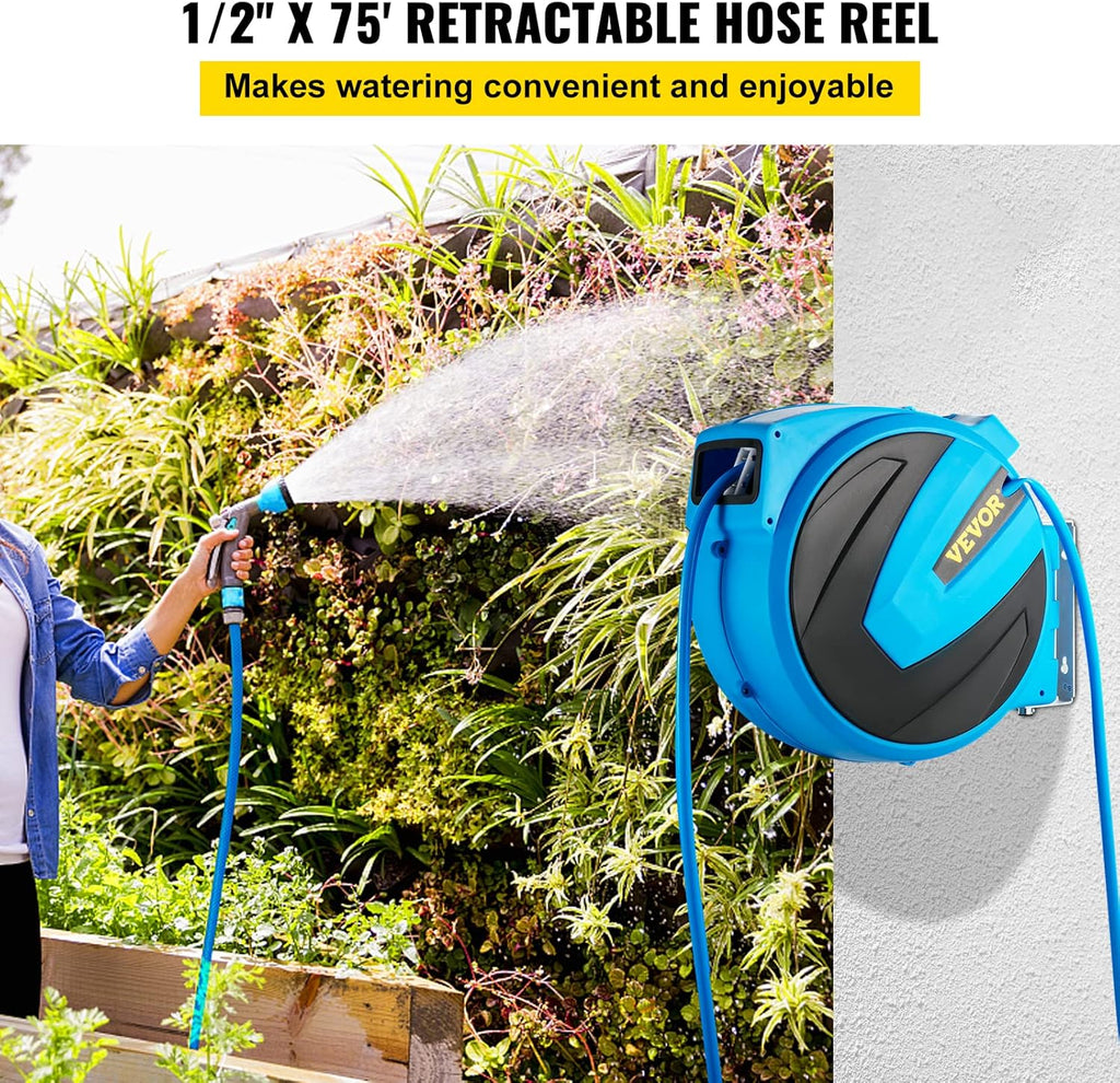 Retractable Wall Mounted Garden Hose Reel, 1/2 inch x 75 ft, Blue T909643
