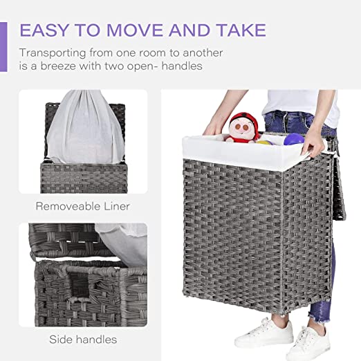 Divided Laundry Hamper 90L/110L Synthetic Rattan Handwoven Double Sorter with Liner Bags Foldable Grey H31760