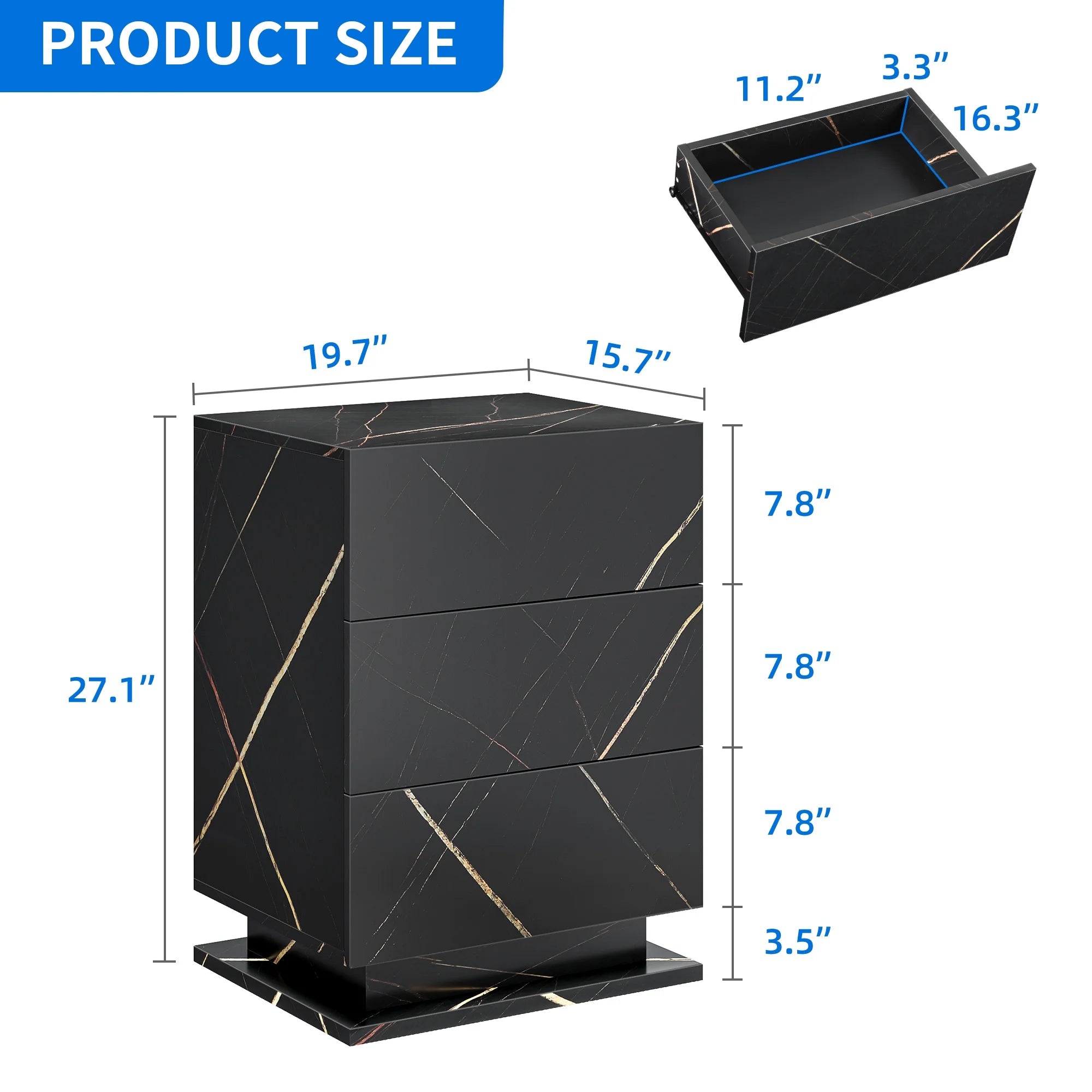 Set of 2 LED Nightstand with Drawer, Marble Black O173319