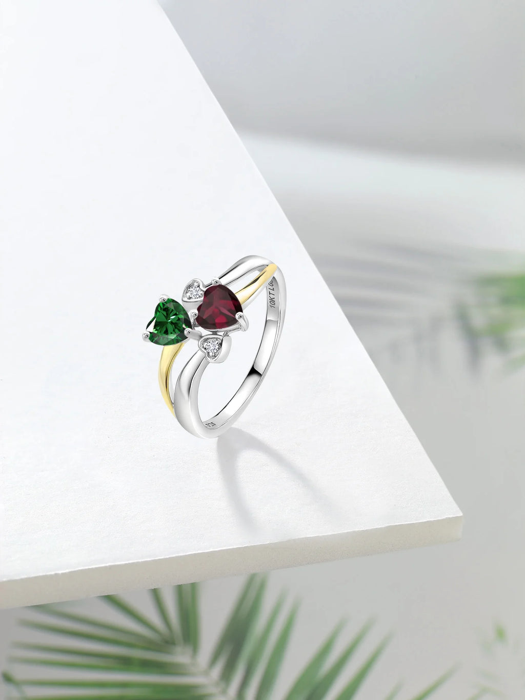 925 Silver 10K Yellow Gold Green Nano Emerald Red Rhodolite Garnet White Lab Grown Diamond Ring D663