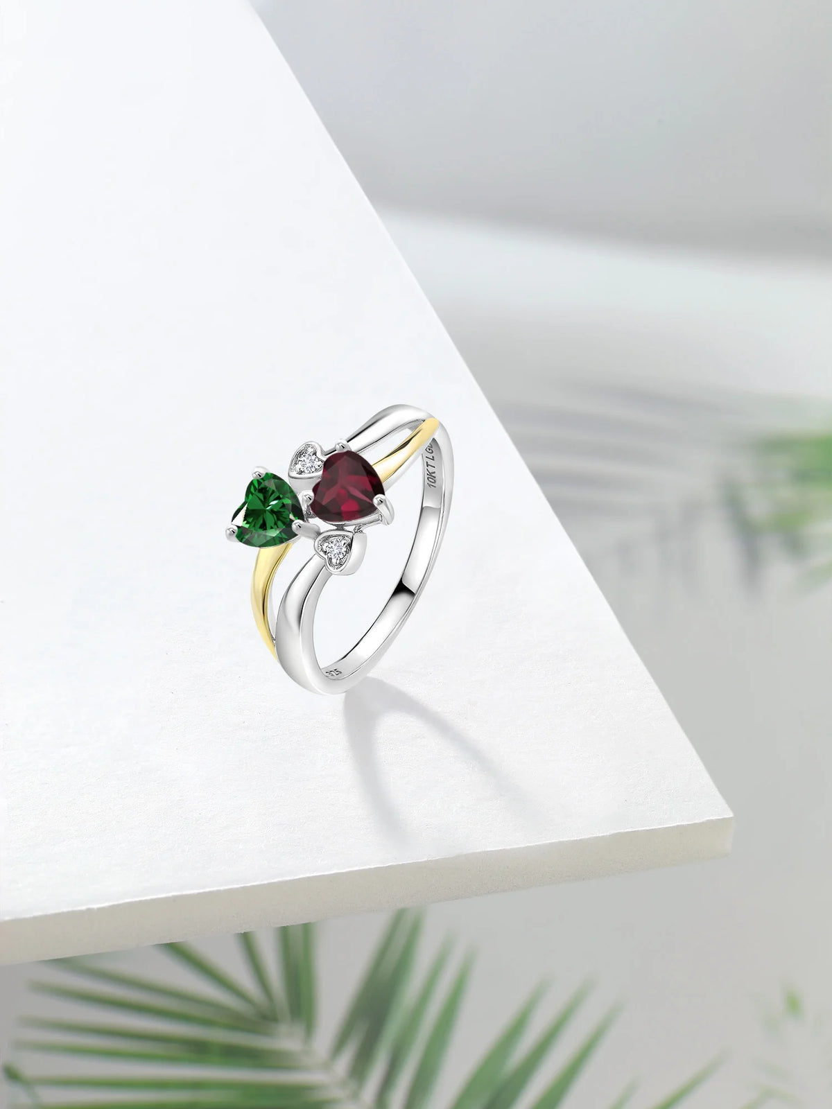 925 Silver 10K Yellow Gold Green Nano Emerald Red Rhodolite Garnet White Lab Grown Diamond Ring D663