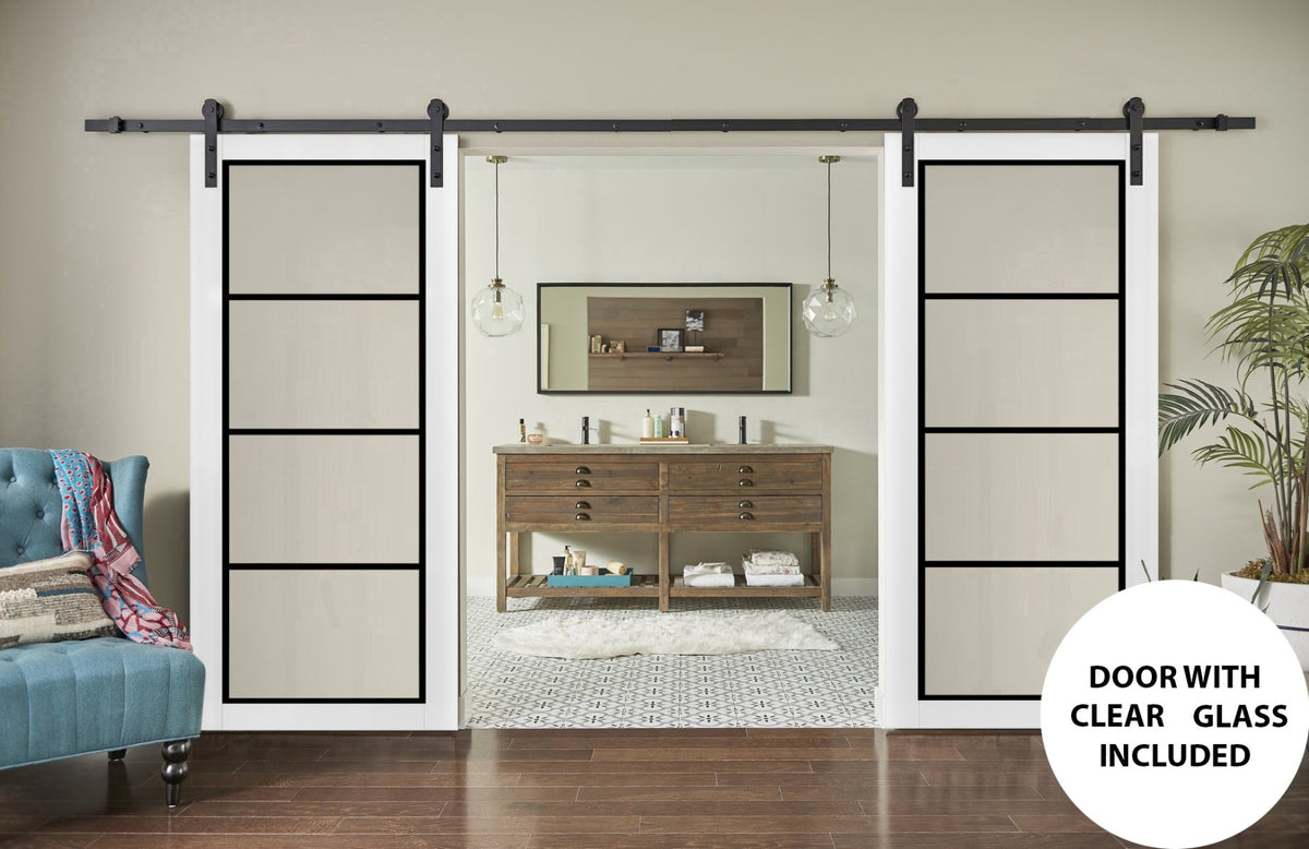 Double Barn Door 36 x 80 inches White Clear Glass Solid Panel Interior Doors S86634