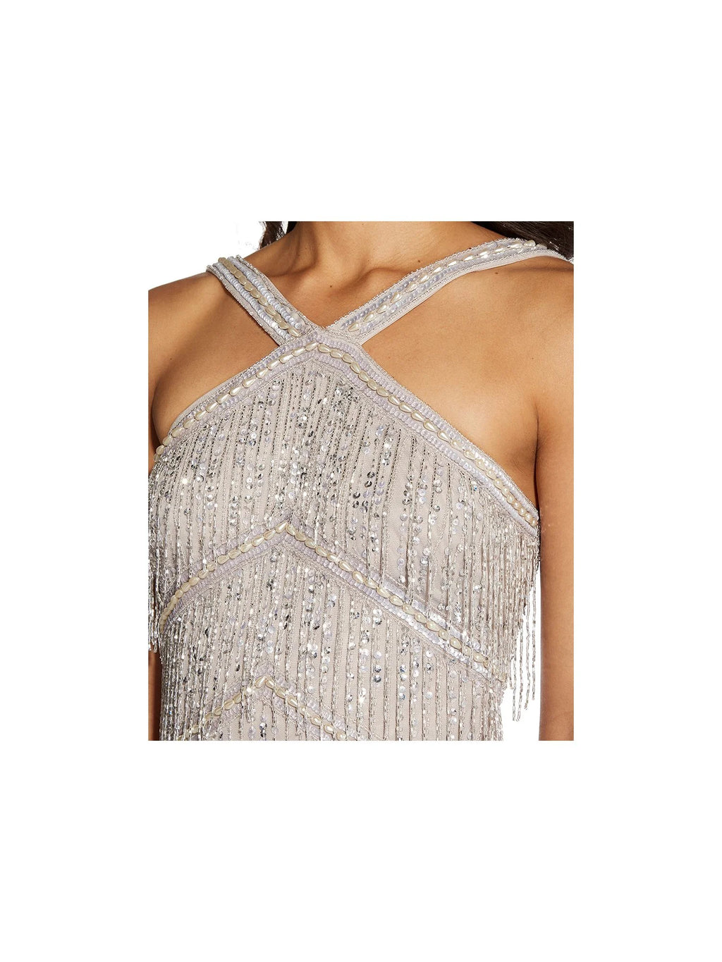 Beige Embellished Fringed Halter Knee Length Cocktail Sheath Dress J96925
