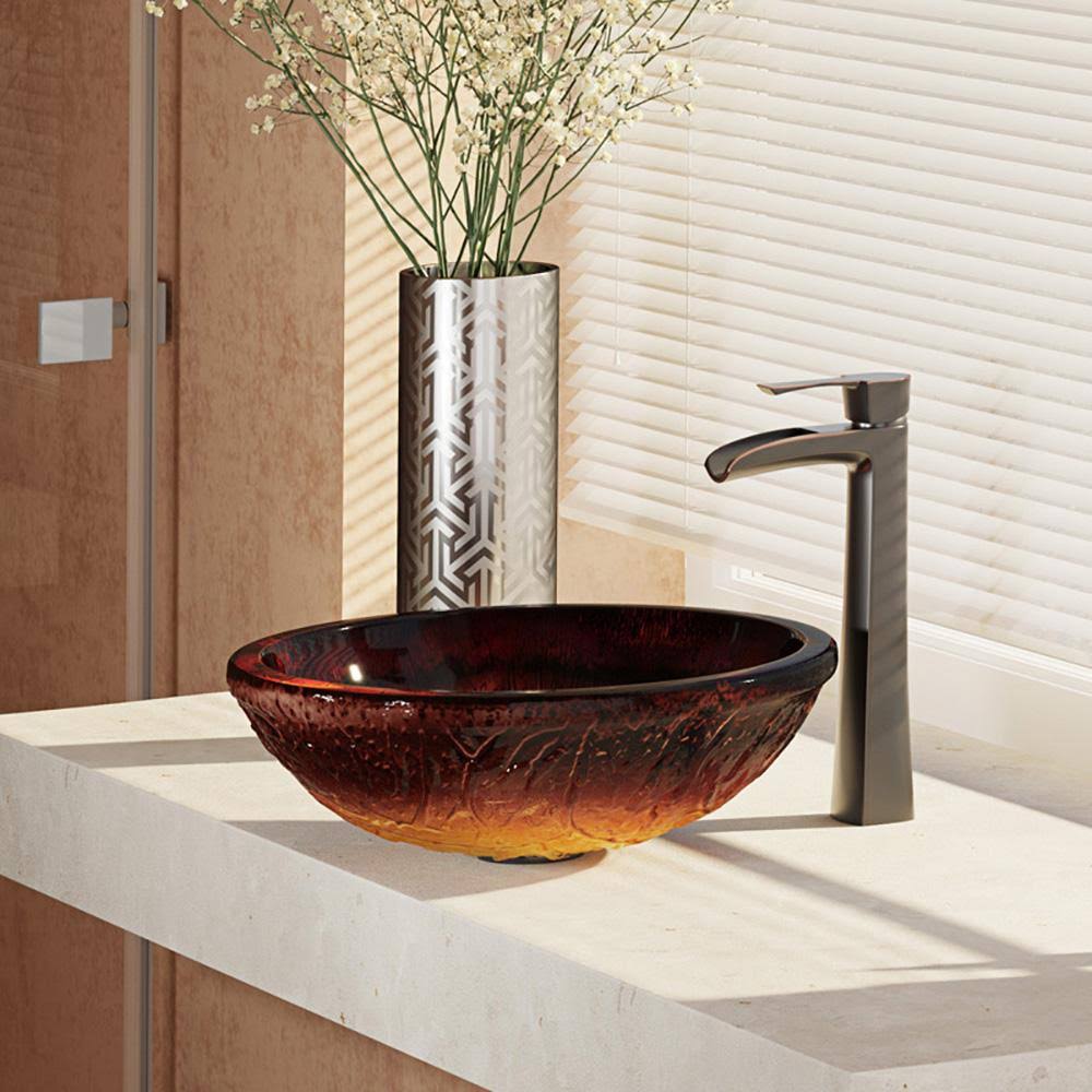 Red Lava Glass Vessel Bathroom Sink with Vessel Faucet W131229