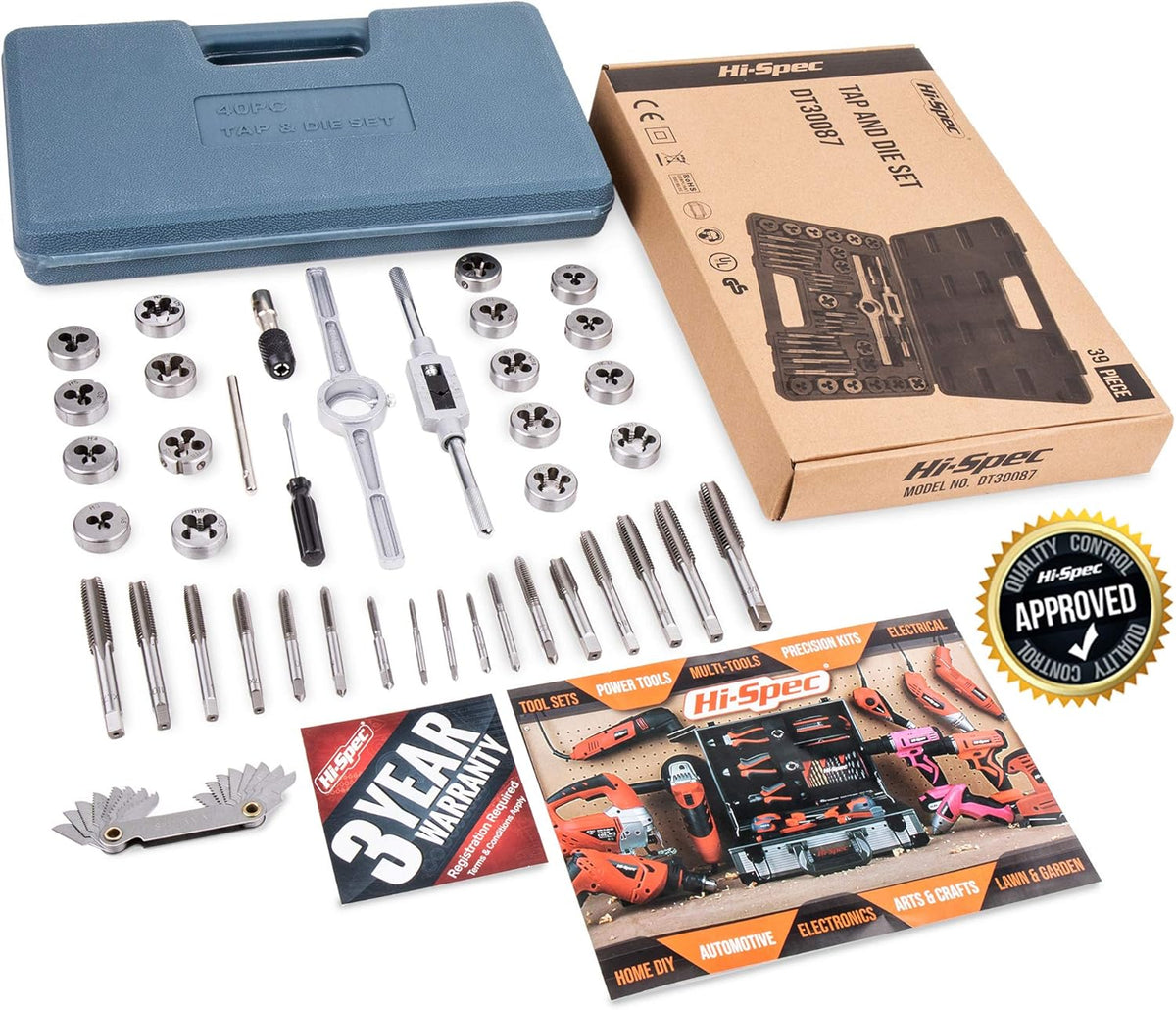 39 Piece SAE & Metric Tap & Die Set with Screw Pitch Gauge in Tray Case T6221