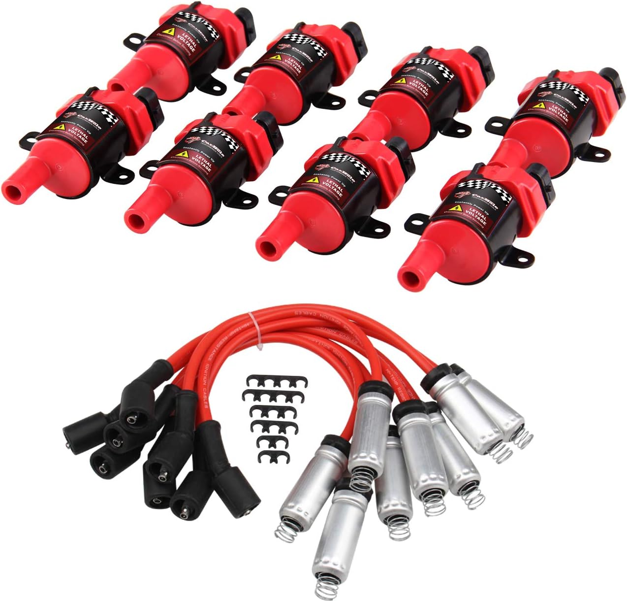 8Pcs Ignition Coils Pack Round Type + 8Pcs 8mm Spark Plug Wire Set H147632