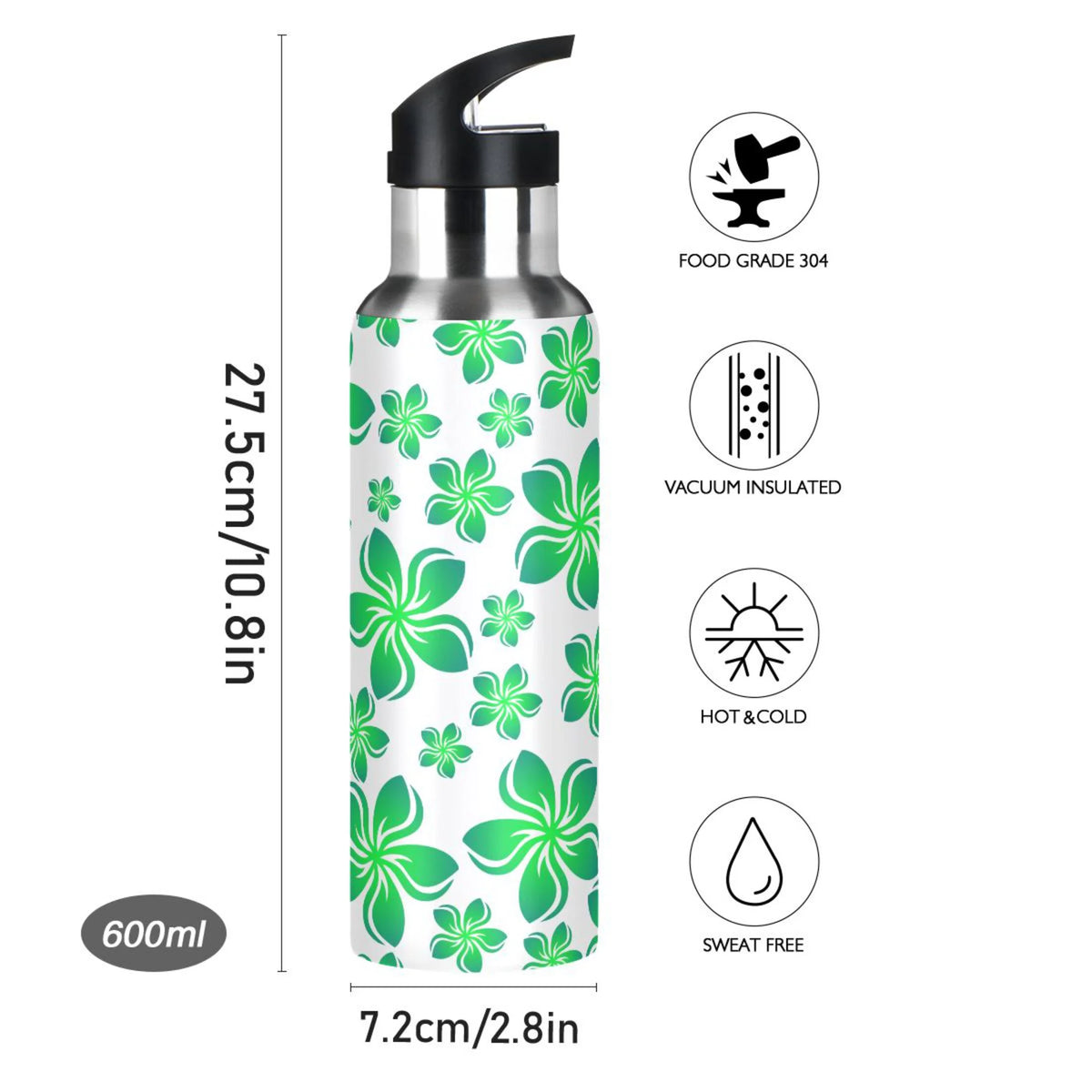Green Stainless Steel Insulated Water Bottle with Straw Lid D71482