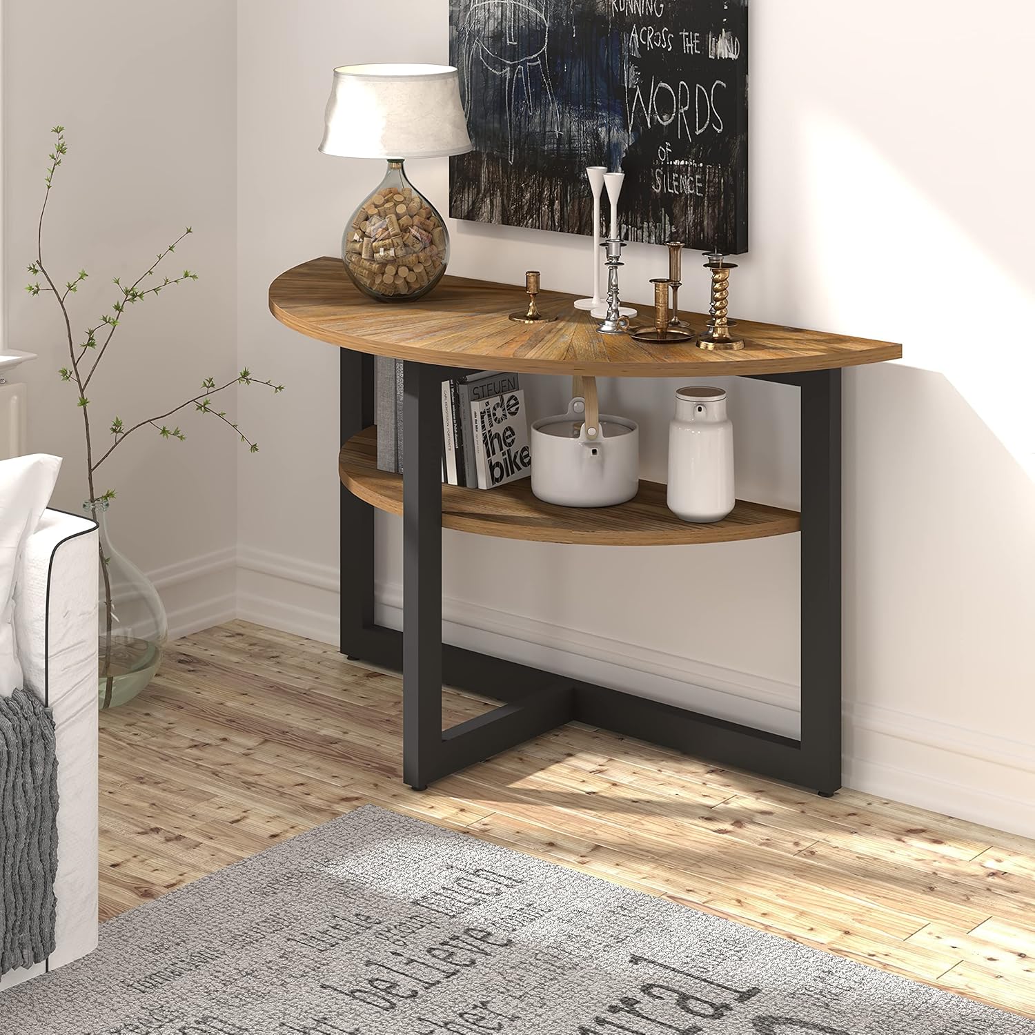 Round Coffee Table with Storage, Solid Wood, Black Metal Frame Z286