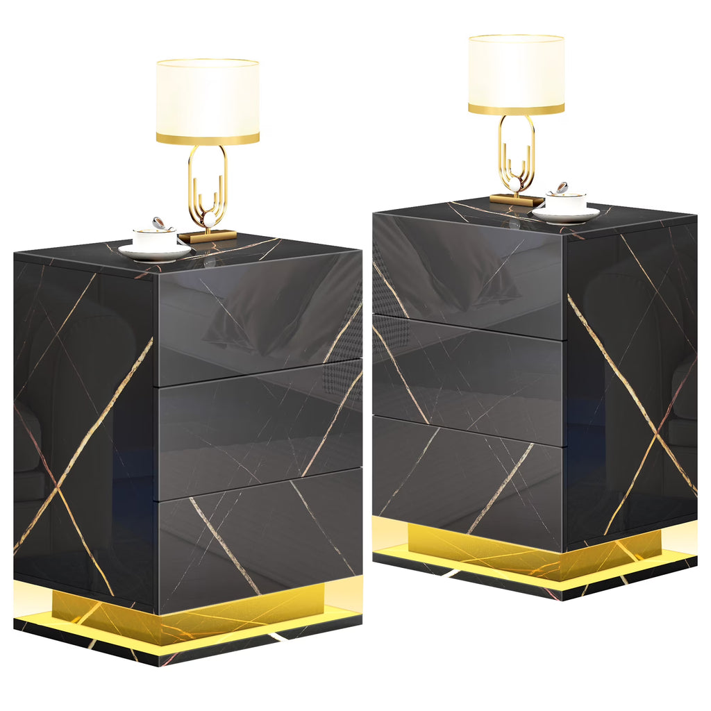 Set of 2 LED Nightstand with Drawer, Marble Black O173319