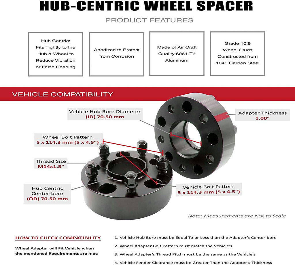 Wheel Adapters 5x4.50 to 5x4.50 Hub Centric 70.50mm Billet Aluminum 1" Thick Set of 2 J197