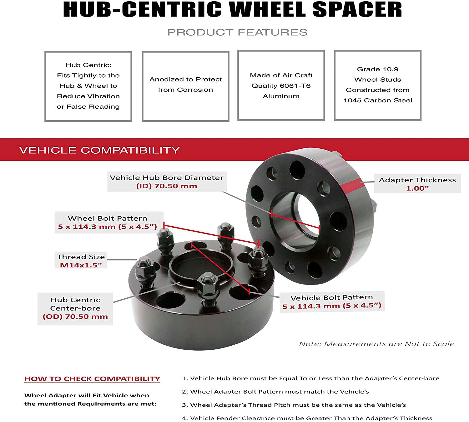 Wheel Adapters 5x4.50 to 5x4.50 Hub Centric 70.50mm Billet Aluminum 1" Thick Set of 2 J197