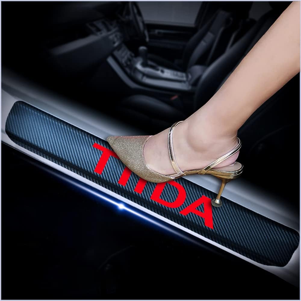 4Pcs Car Door Sill Scuff Plate Cover Carbon Fiber Sticker Orange K8690