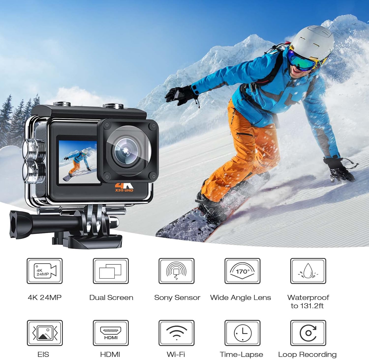 4K 30FPS 24MP Dual Screen Waterproof Action Camera with EIS, Wi-Fi, 2X1350 Batteries and Accessories O48966
