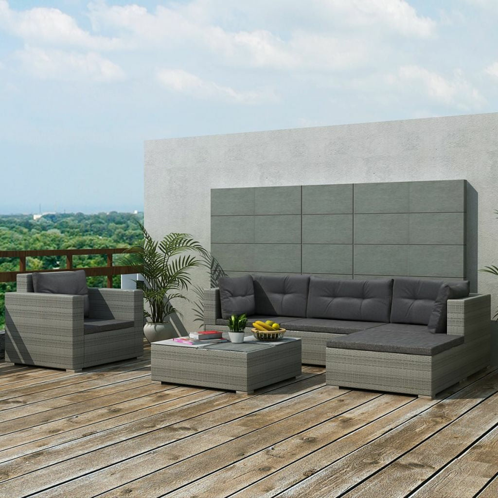 6 PCS Rattan Patio Sectional Sofa Set with Cushions Ottoman and Coffee Table (Grey) T7456