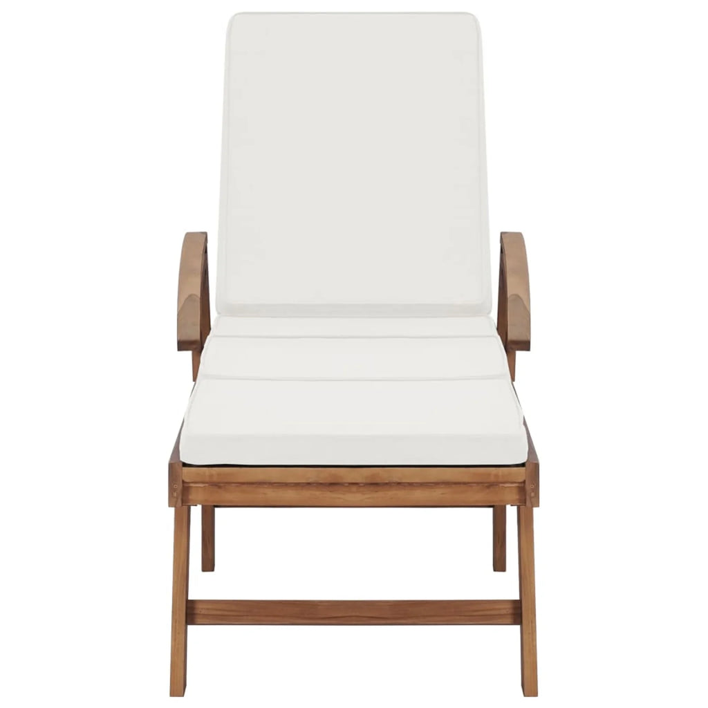 Cream Cushioned Teak Wood Chaise Lounge Chair with Sliding Table and Wheels P78251