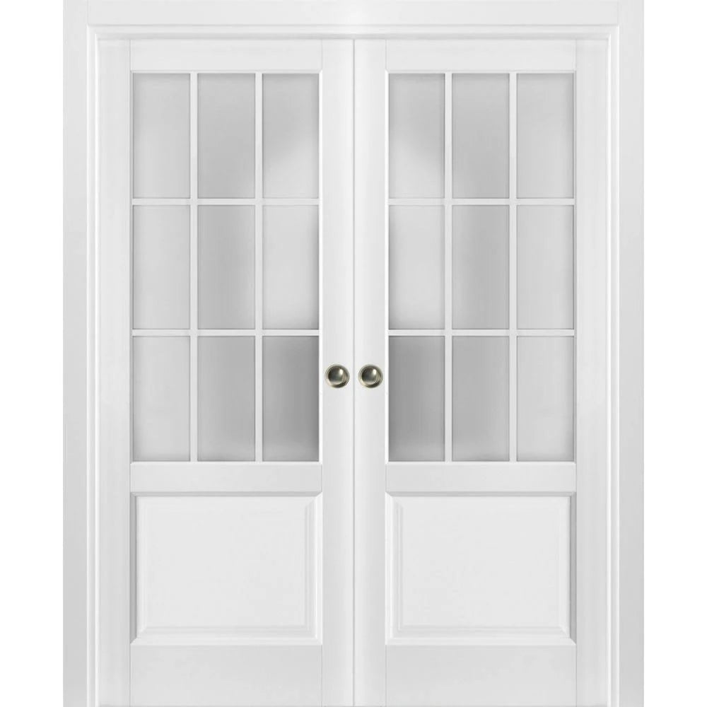 Sliding French Pocket Door 30 x 96 Inches with Clear Glass 12 Lites Matte White C1434