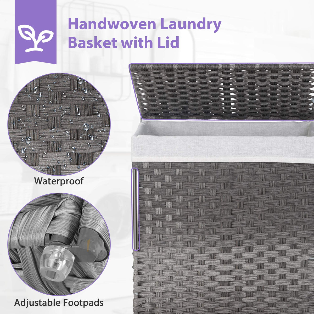 Divided Laundry Hamper 90L/110L Synthetic Rattan Handwoven Double Sorter with Liner Bags Foldable Grey H31760