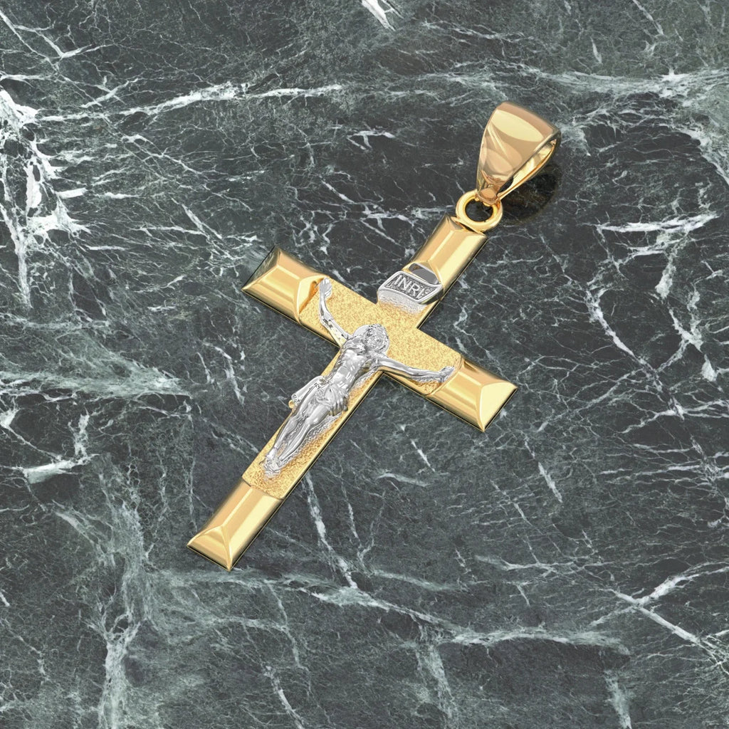 14k Yellow Gold Cross Pendant Necklace, 32mm C925