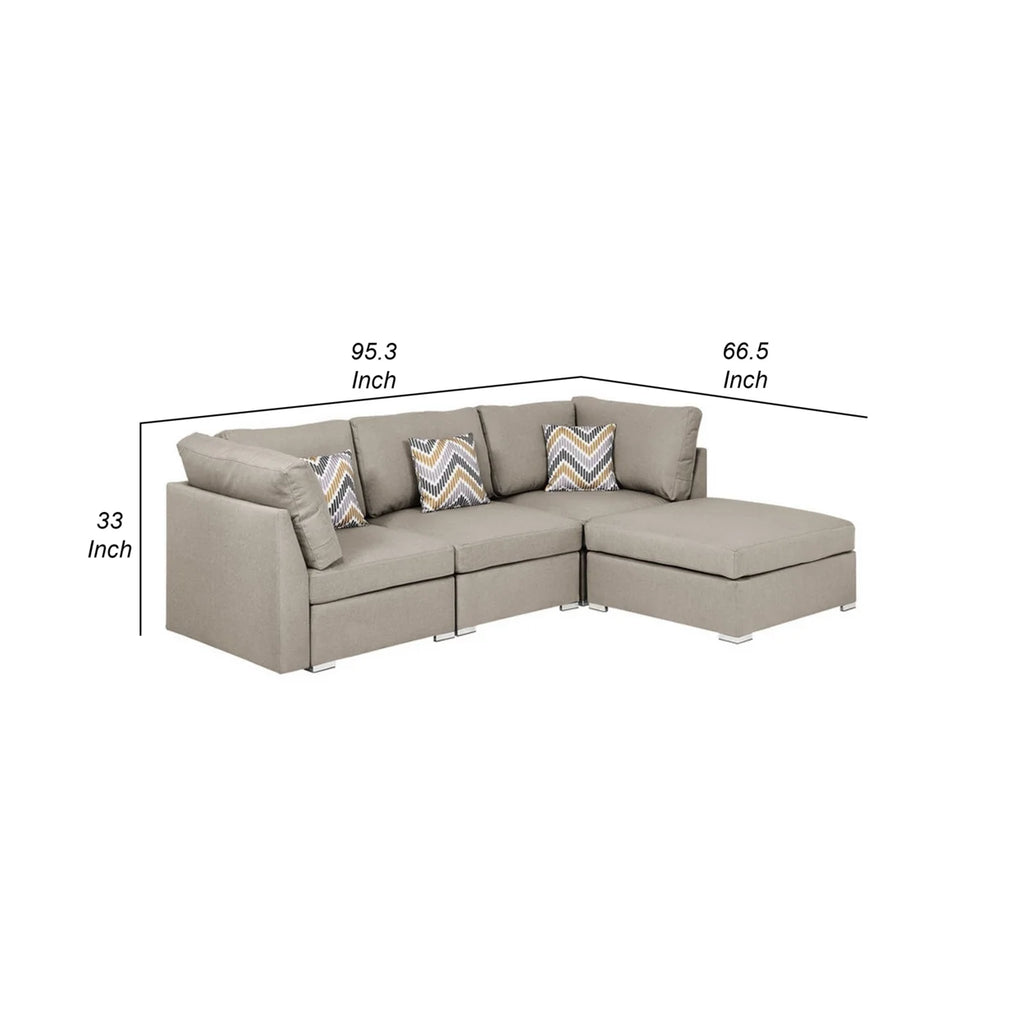 Beige Fabric Chaise Sofa with Ottoman and 3 Pillows P4646