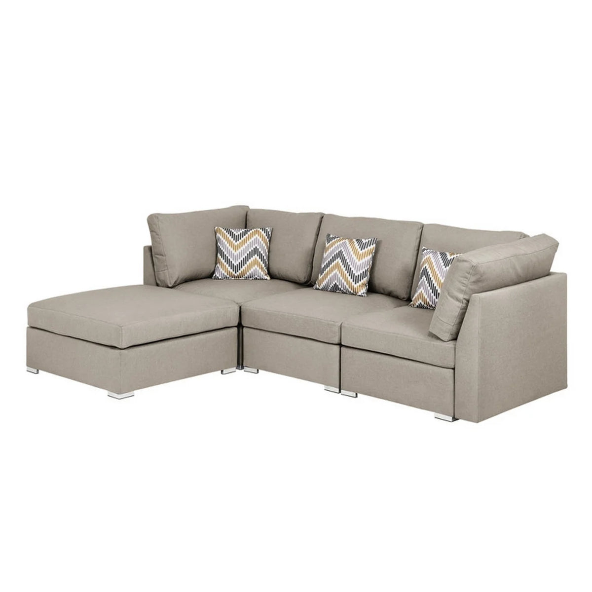 Beige Fabric Chaise Sofa with Ottoman and 3 Pillows P4646