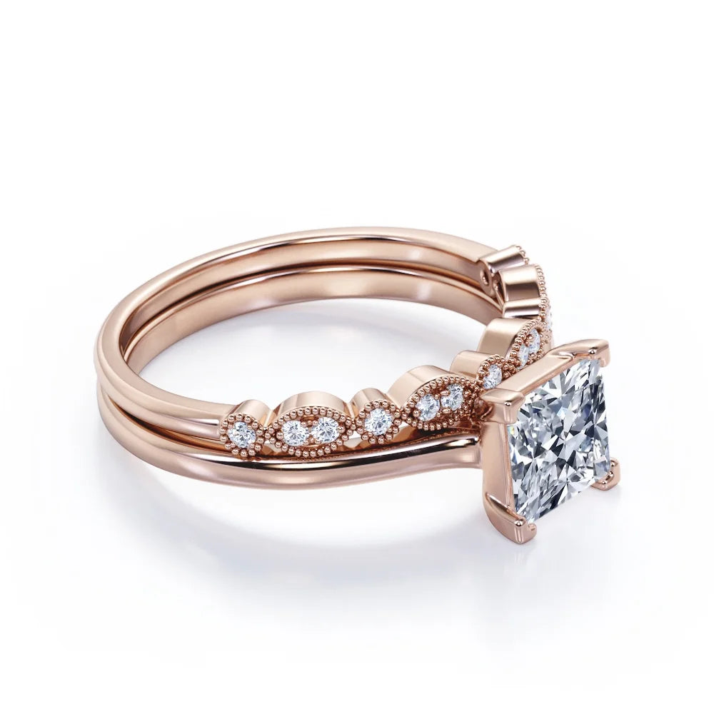 4 Prong Princess Cut Milgrain Filigree Wedding Set 18K Rose Gold Plating over Silver M3811
