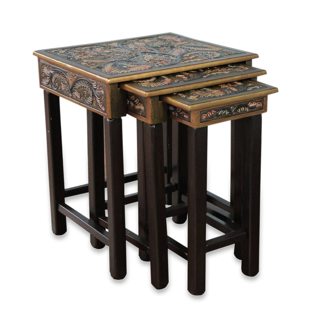 Tooled Leather Wood Side Table (Set of 3) D9936