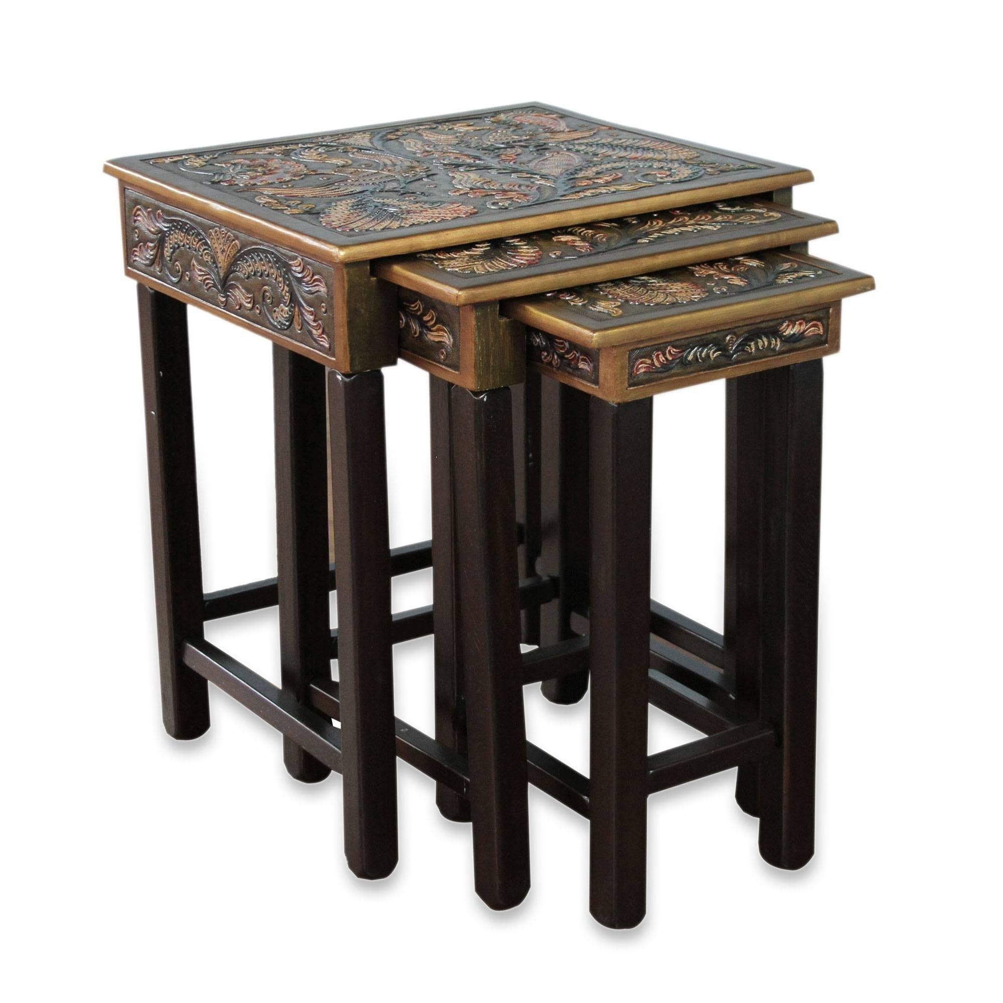 Tooled Leather Wood Side Table (Set of 3) D9936
