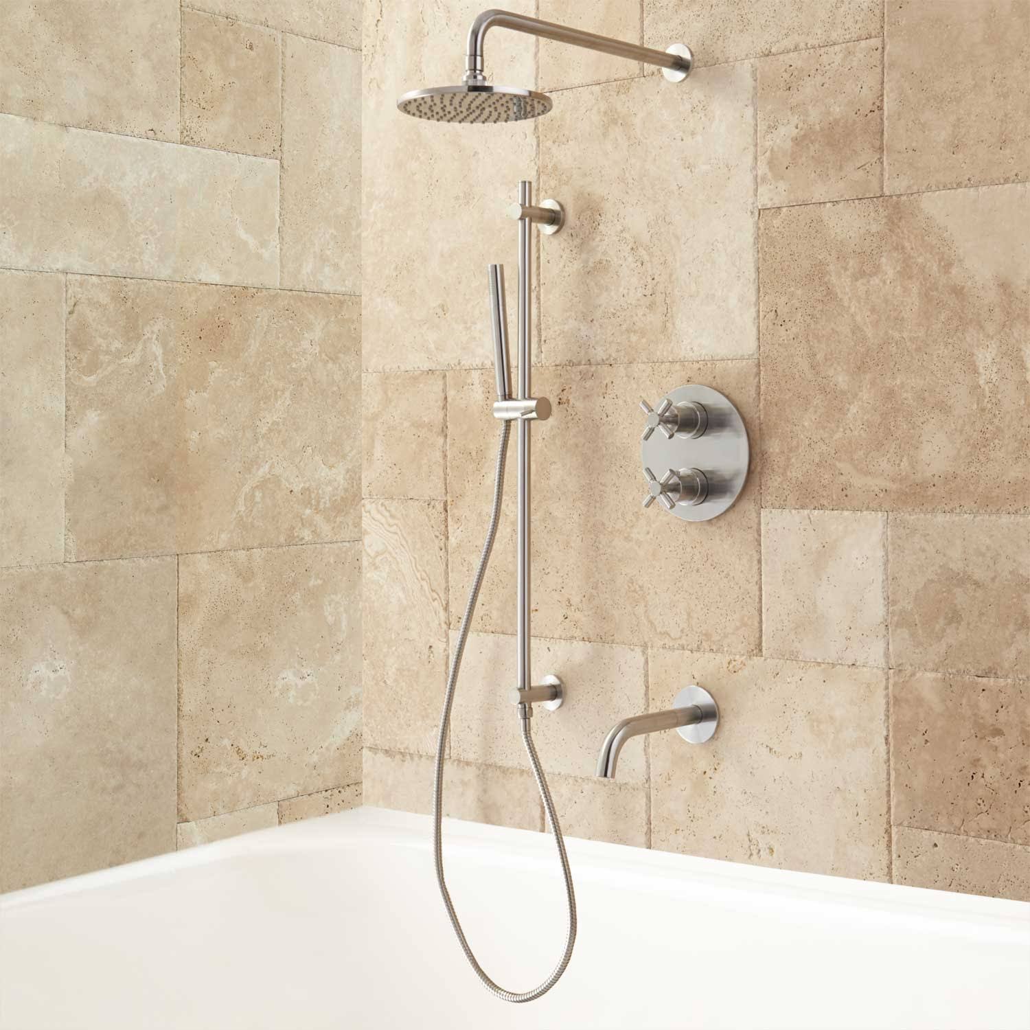 Brushed Nickel Thermostatic Tub and Shower System J49098