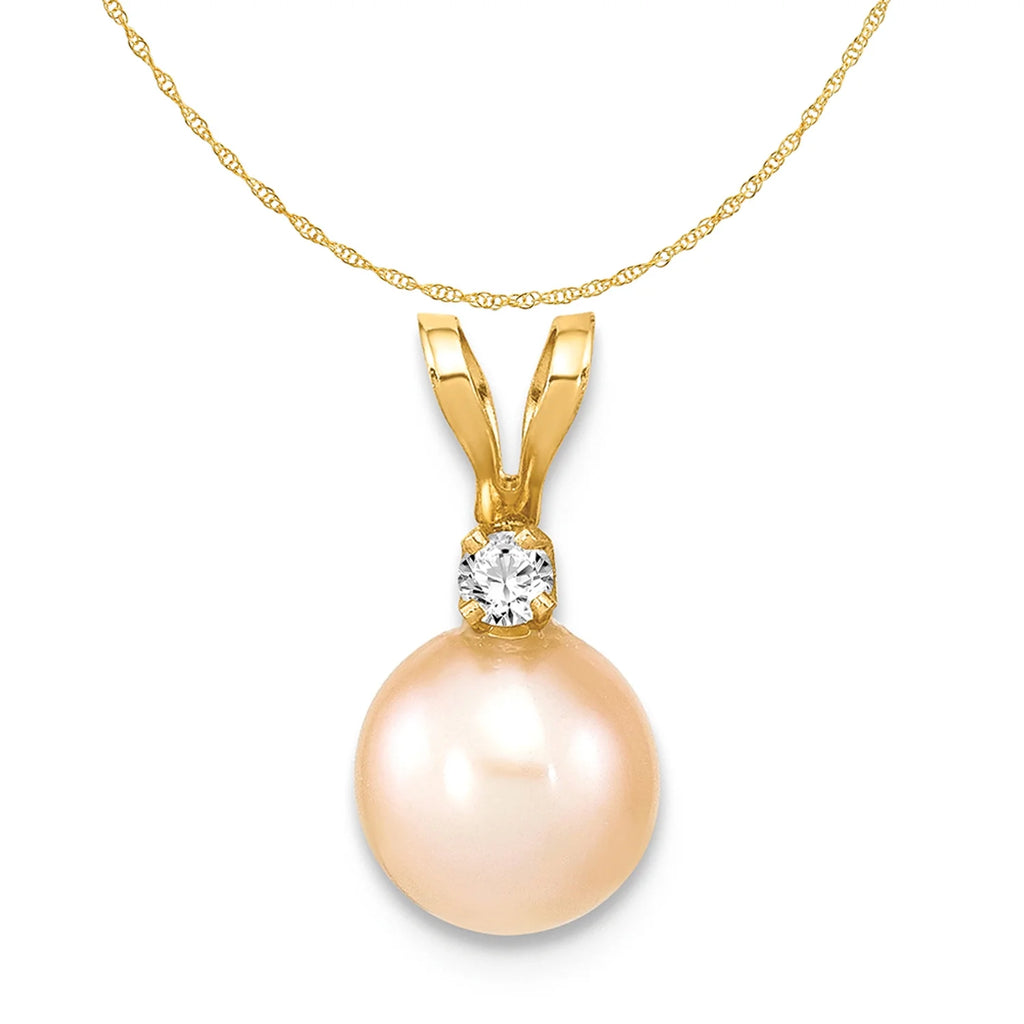 14K Yellow Gold Pink Freshwater Cultured Pearl Diamond Pendant Charm Necklace 18'' B4635