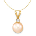 14K Yellow Gold Pink Freshwater Cultured Pearl Diamond Pendant Charm Necklace 18'' B4635