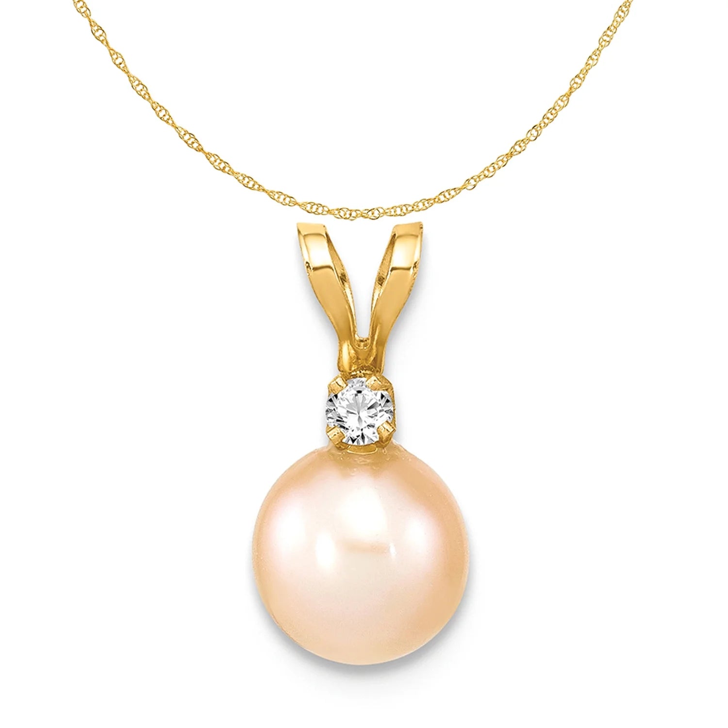 14K Yellow Gold Pink Freshwater Cultured Pearl Diamond Pendant Charm Necklace 18'' B4635