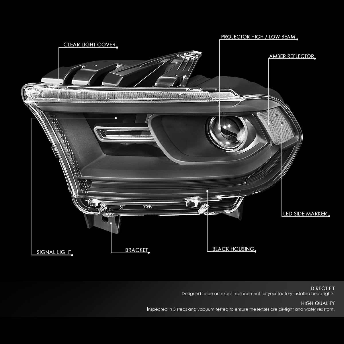 Pair Factory Style Projector Headlight Lamp with LED Side Marker Light Black Housing Clear Corner M8727