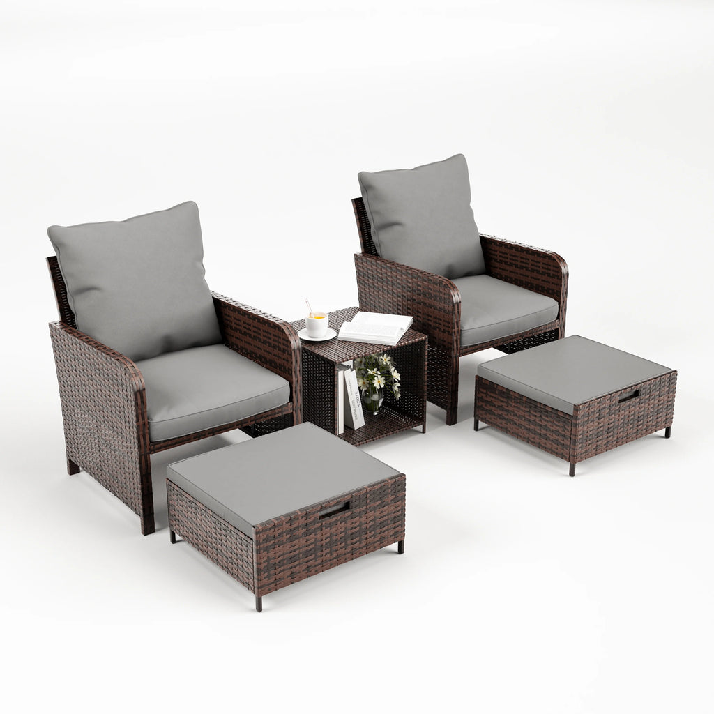 5 Piece Gray Rattan Patio Conversation Set with Ottomans and Storage Coffee Table R652