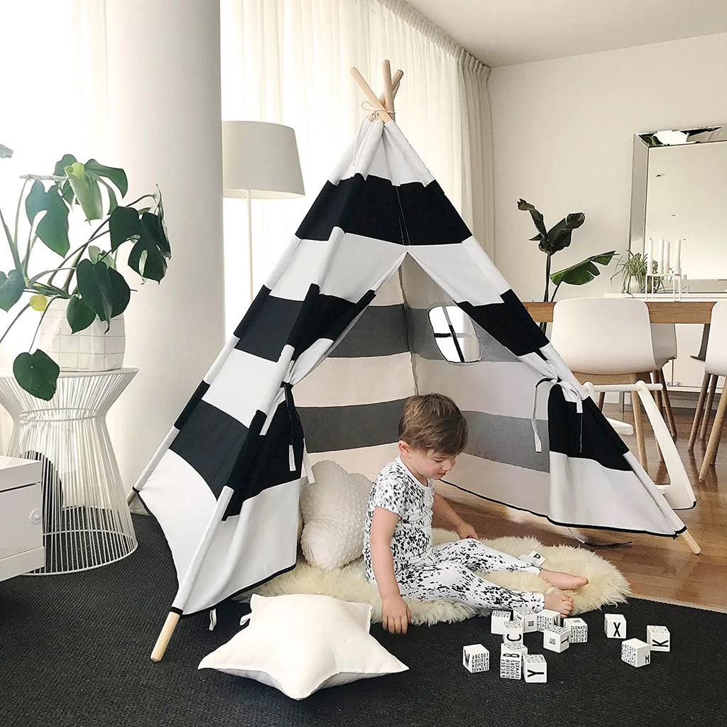 Black White Striped Kids Teepee Canvas Tent Playhouse F331388