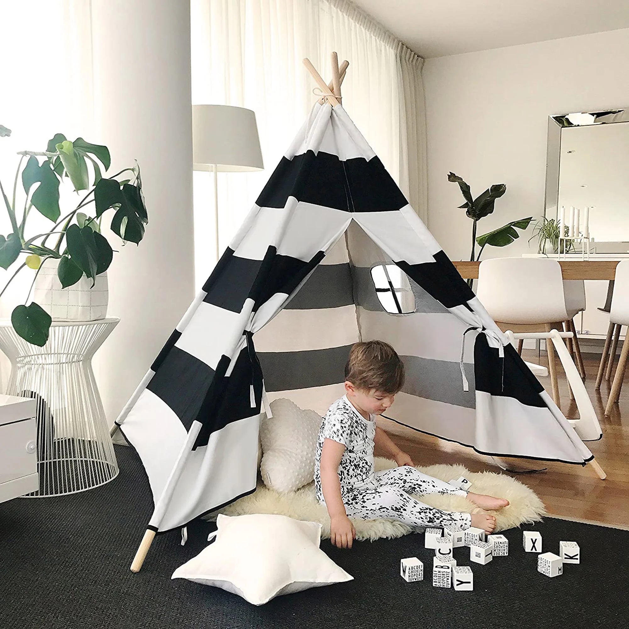 Black White Striped Kids Teepee Canvas Tent Playhouse F331388