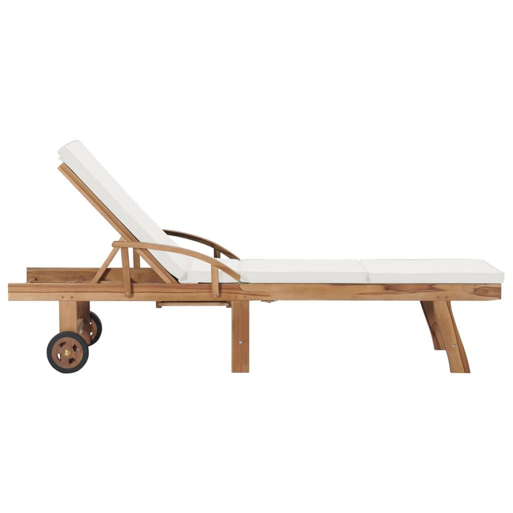 Cream Cushioned Teak Wood Chaise Lounge Chair with Sliding Table and Wheels P78251