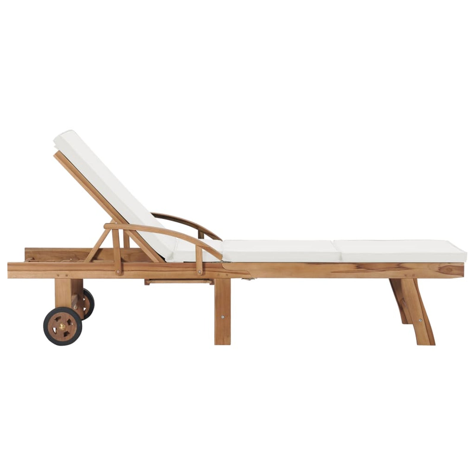 Cream Cushioned Teak Wood Chaise Lounge Chair with Sliding Table and Wheels P78251