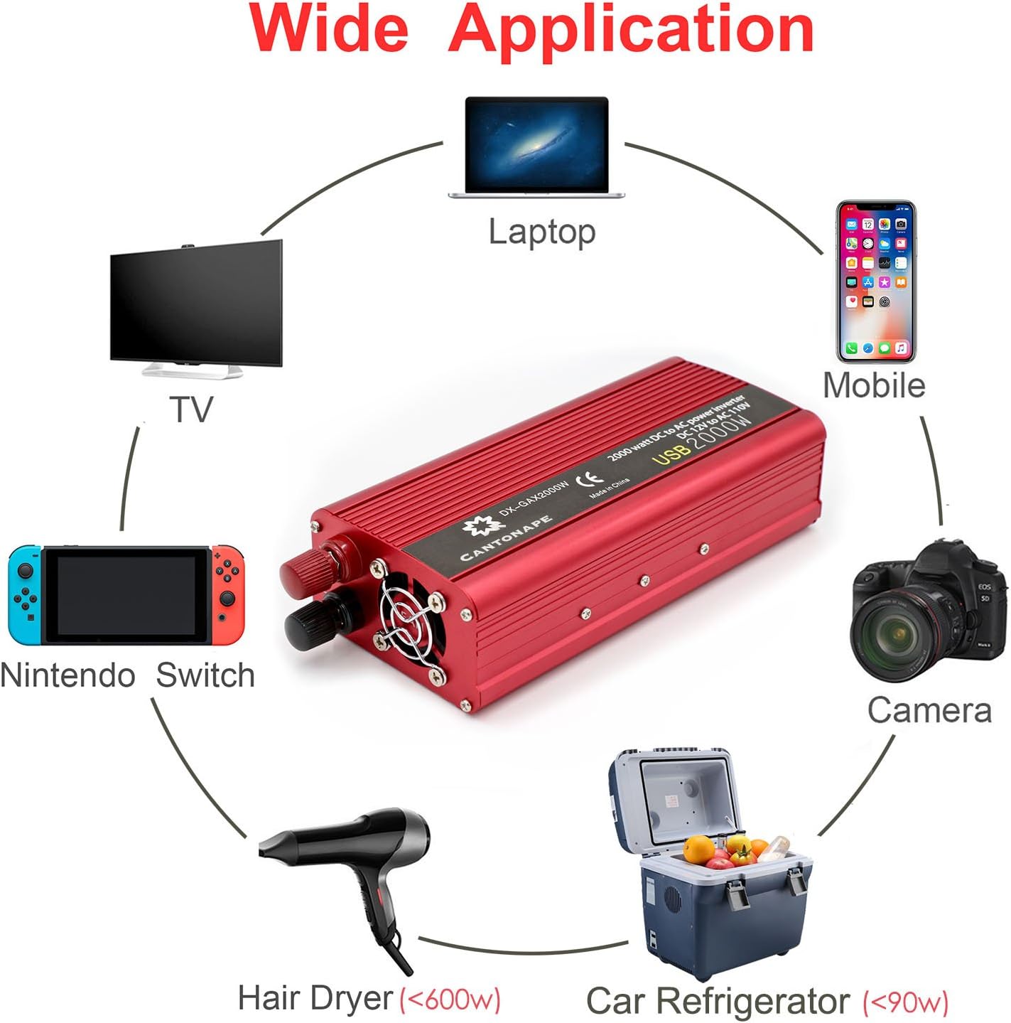 800W/2000W Peak DC 12V to 110V AC Power Inverter with 3.1A USB Car Adapter and Cigarette Lighter, Pack of 2 A98017
