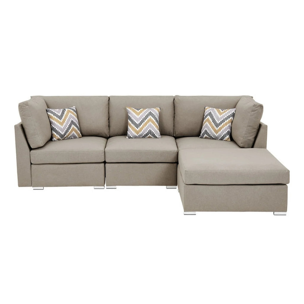 Beige Fabric Chaise Sofa with Ottoman and 3 Pillows P4646