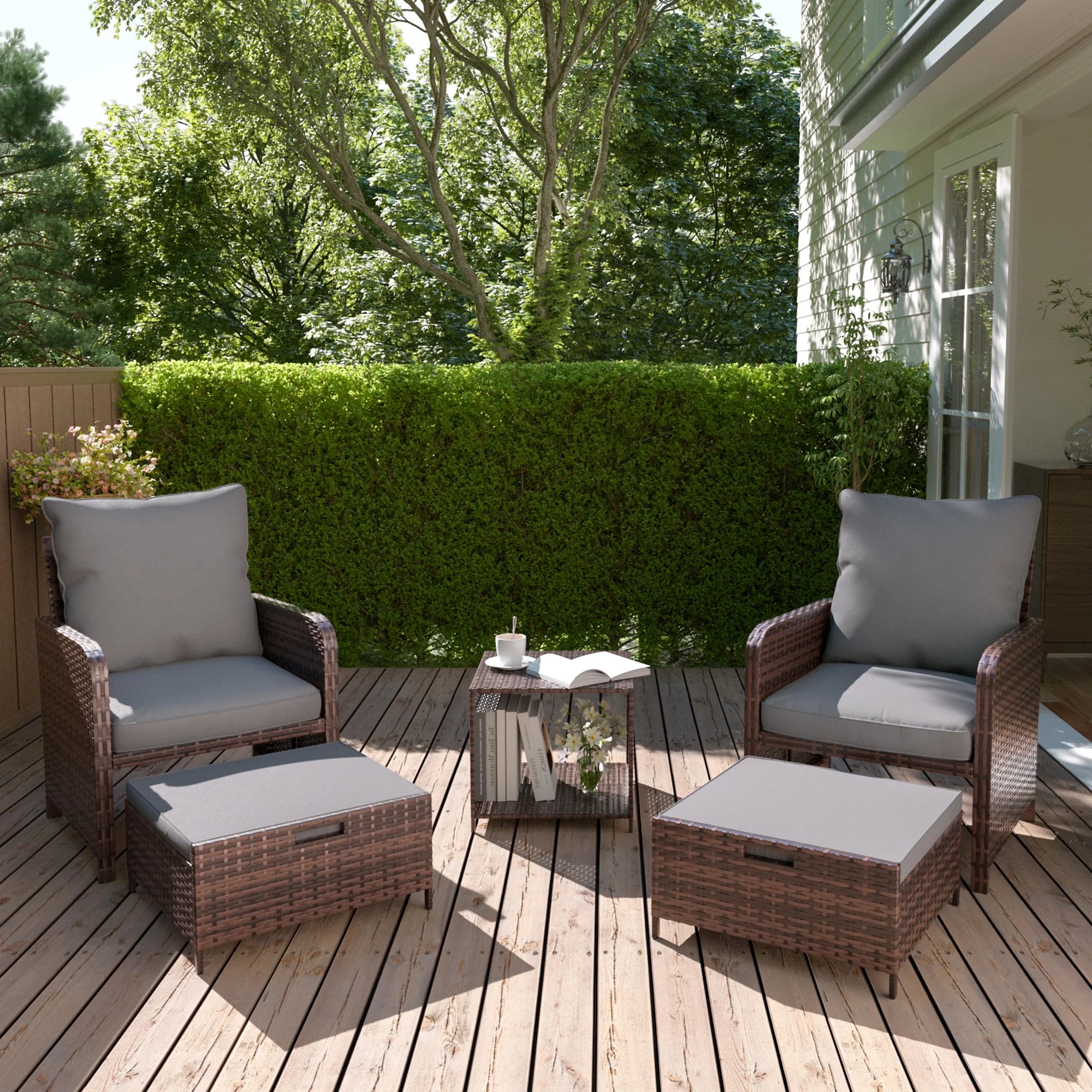 5 Piece Gray Rattan Patio Conversation Set with Ottomans and Storage Coffee Table R652