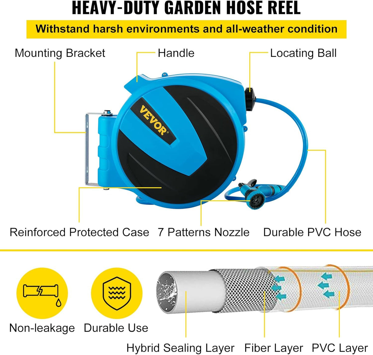 Retractable Wall Mounted Garden Hose Reel, 1/2 inch x 75 ft, Blue T909643