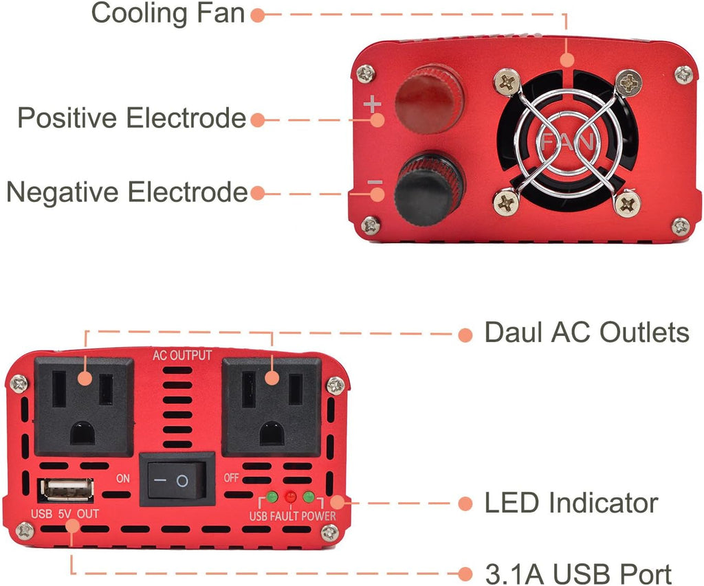800W/2000W Peak DC 12V to 110V AC Power Inverter with 3.1A USB Car Adapter and Cigarette Lighter, Pack of 2 A98017